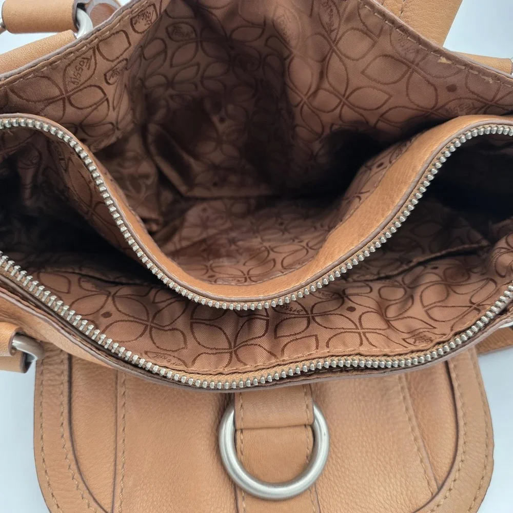 Vtg Fossil Maddox Tan Beige Leather Satchel Purse Bag Top Handles Lg. Key Charm